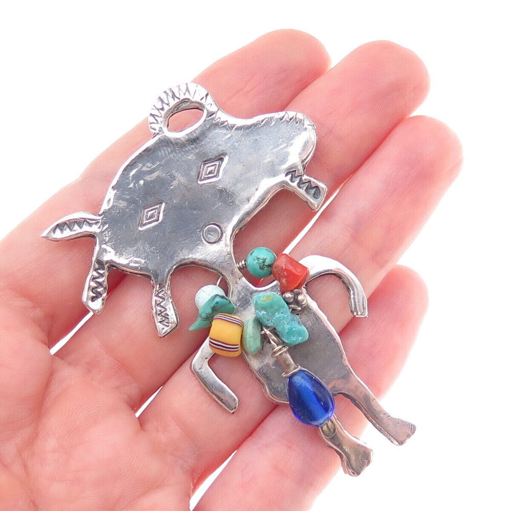 S. Sanin Sterling Silver Vintage 1995 Real Turquoise Coral Modernist Pin Pendant